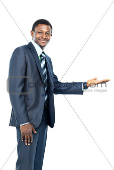 Businessman with open palm offering something