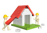 Two builders and house from 3d plastic toy blocks