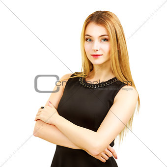Confident Business Woman in Black Dress Isolated on White