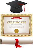 Golden certificate diploma and graduation cap