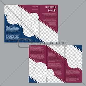 Tri-fold flyer brochure template with maroon and blue stripes