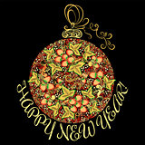 Christmas ball with pattern in Russian folk style Khokhloma on a black background.
