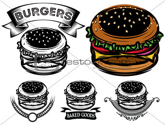 monochrome and color burger with design options for advertising fastfood