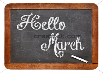 Hello March sign on blackboard