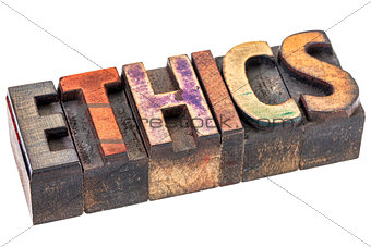 ethics word in vintage wood type