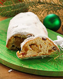 traditional Christmas dessert Stollen with raisins and marzipan