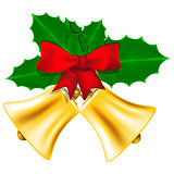 Golden Christmas bells with red bow and leaves of holly