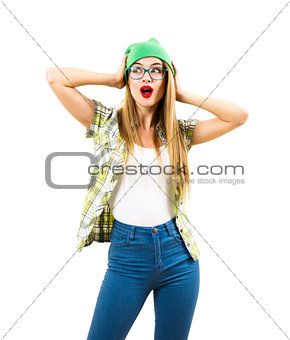 Surprised Hipster Girl Holding Hands on Her Head Isolated