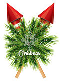 Christmas card with white snowflake, pine branch and red rockets