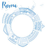 Outline Rome skyline with blue landmarks and copy space