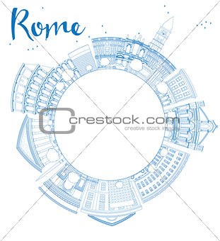 Outline Rome skyline with blue landmarks and copy space