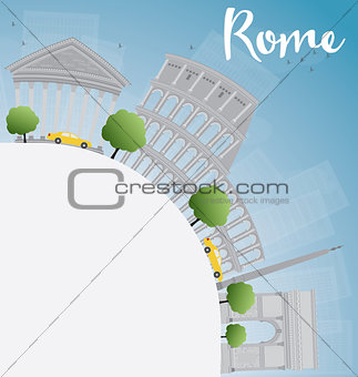 Rome skyline with grey landmarks and copy space