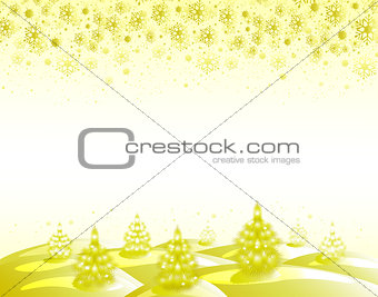 The background golden landscape with Christmas trees and snowflakes. EPS10 vector illustration