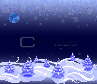Night landscape with Christmas trees and snowflakes. EPS10 vector illustration