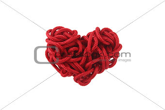 Red Heart shape isolation from the rope is coiled on white background