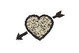 Heart shape and arrow from mix of white rice and black rice on white background