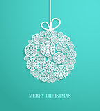 Christmas card with hanging toy made of paper snowflakes.