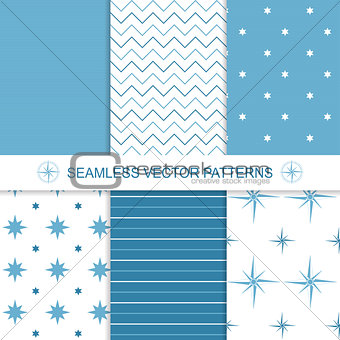 Set of sea and nautical backgrounds in blue and white colors.