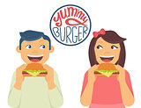 Happy boy and girl are eating a big hamburgers