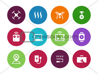 Quadrotor with remote circle icons on white background.