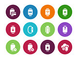 Credit card in smart watches circle icons on white background.