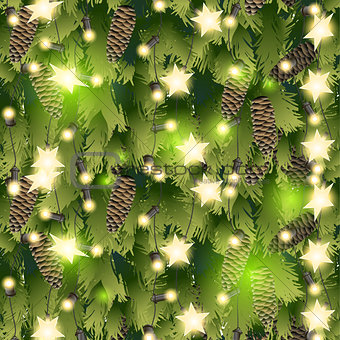 Christmas pattern with fir branches and garland