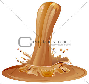 Hot caramel puddle. Brown caramel splash pour