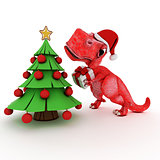 Friendly Cartoon Dinosaur with gift christmas tree