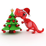 Friendly Cartoon Dinosaur with gift christmas tree