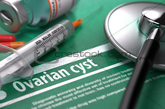 Ovarian cyst. Medical Concept on Green Background.