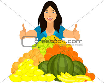 Healthy girl with fruits pyramid