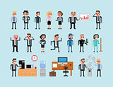 Set of pixel art people icons, office work vector illustration