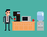 pixel art illustration of office worker pours drink in the kitchen, coffee machine, microwave, water cooler