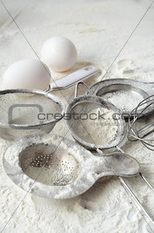 Kitchen utensils and wheat flour