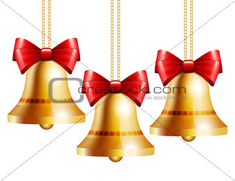 golden bells with a red bow