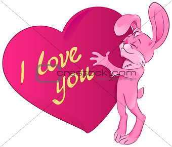 Pink rabbit embraces the heart. I love you