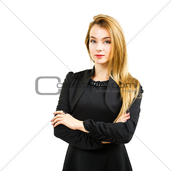 Elegant Business Woman in Black Dress Isolated on White
