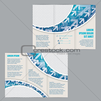 Tri-fold flyer template with arrows on blue wave