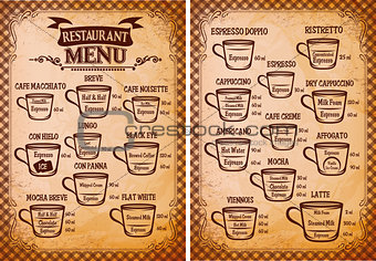 menu template for an coffee drinks for restaurants