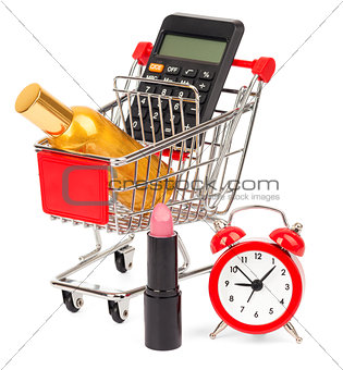 Calculator and perfume in shopping cart