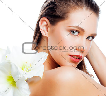 young pretty woman with  Amarilis flower close up isolated on white