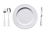 Empty flat plate with spoon, knife and fork isolated