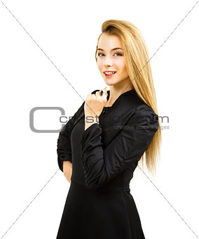 Successful Business Woman in Black Dress Isolated on White
