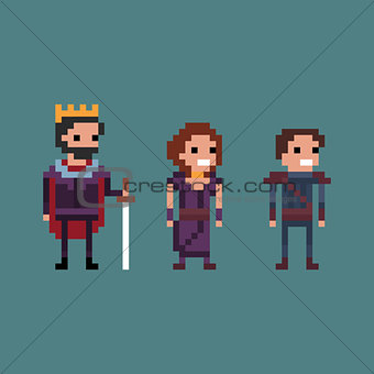 Pixel art vector illustration retro 8 bit fantasy kingdom, king, queen, prince