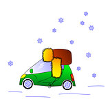 Green car in hat, winter illustration