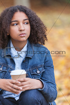 Sad Mixed Race African American Teenager Woman Drinking Coffee