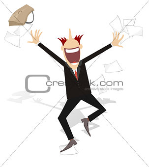 Happy businessman tossing papers, excited about something