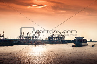 Sunset at Hamburg harbor