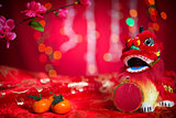 Chinese New Year decorations on red background