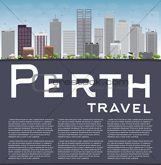 Perth skyline with grey buildings, blue sky and copy space